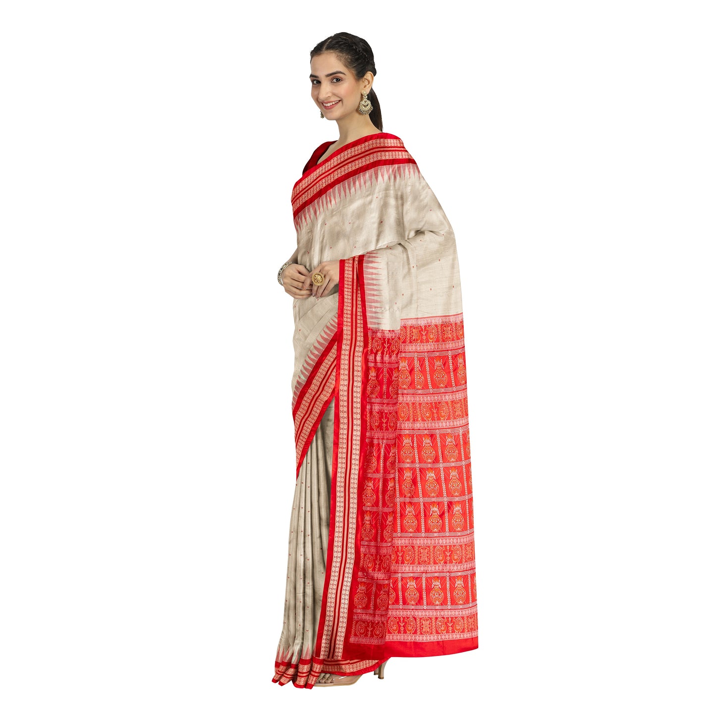 Sandalwood and Red color Brahampuri Pata Saree. ଚନ୍ଦନ